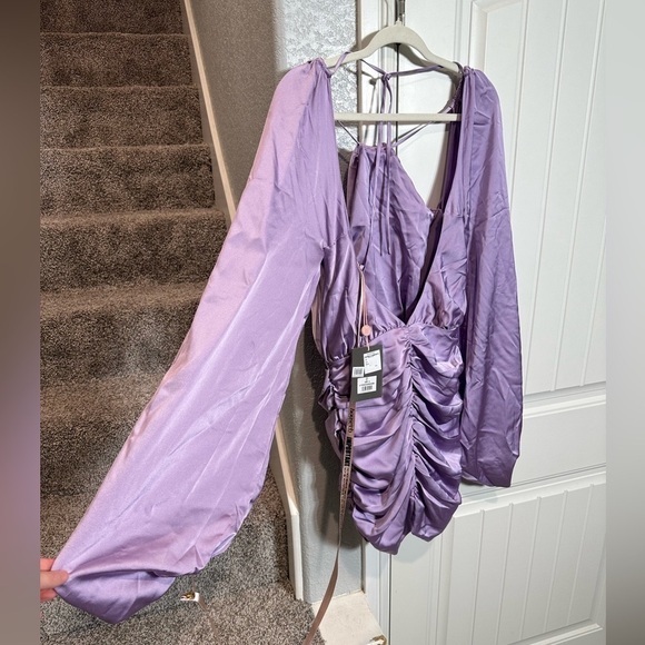 HOUSE OF CB 'Kate' Orchid Satin Front Wrap Mini Dress - Picture 7 of 13